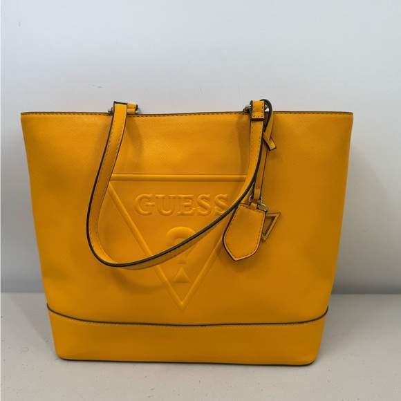 GUESS Yellow Logo Tote Bag Purse Women’s Saffiano Faux Leather Shoulder Handbag - Picture 1 of 14
